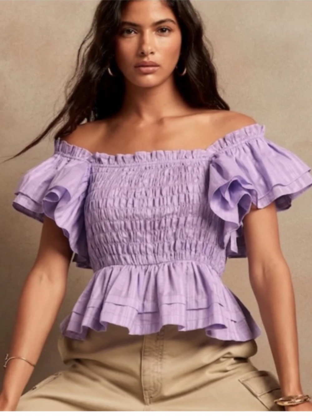 New banana republic purple lavender ruffle off shoulder smocked peplum crop top